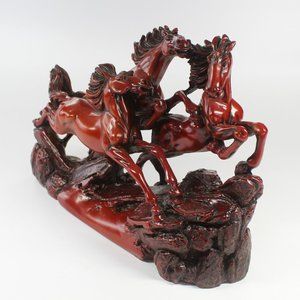 Vintage 3 Wild Horses Running Galloping Sculpture Figure Mandarin Red Polystone